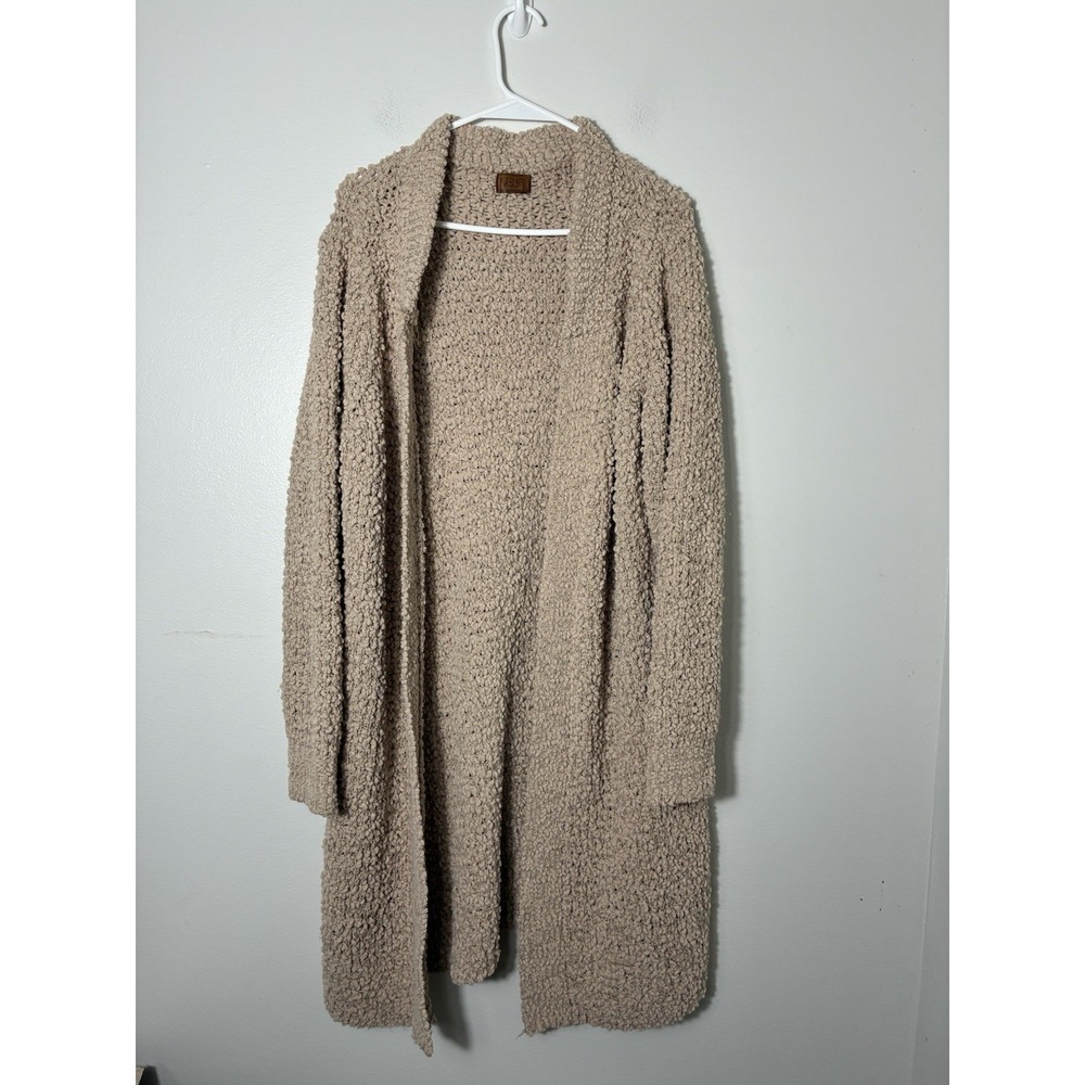 POL Long Line Duster Women's L Tan Chunky Knit Boho Nylon Casual Open Front